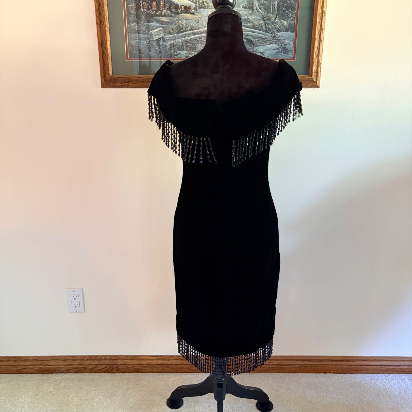 Victor Costa Velvet Beaded Fringe Dress Womens S Black Off Shoulder Cocktail 80s