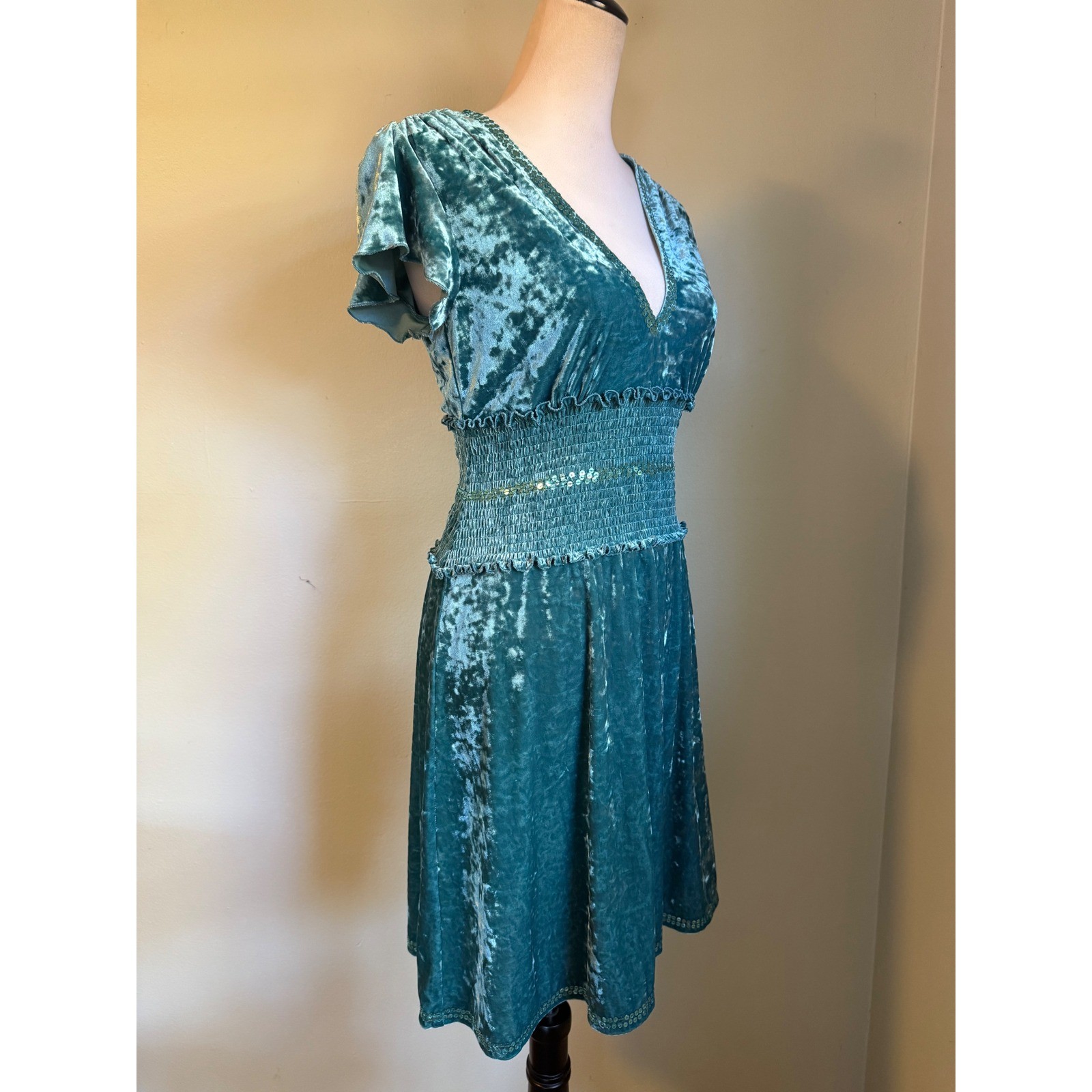 Moda Teal Crushed Velvet Smocked Sequin Dress M whimsigoth boho Y2K dainty retro