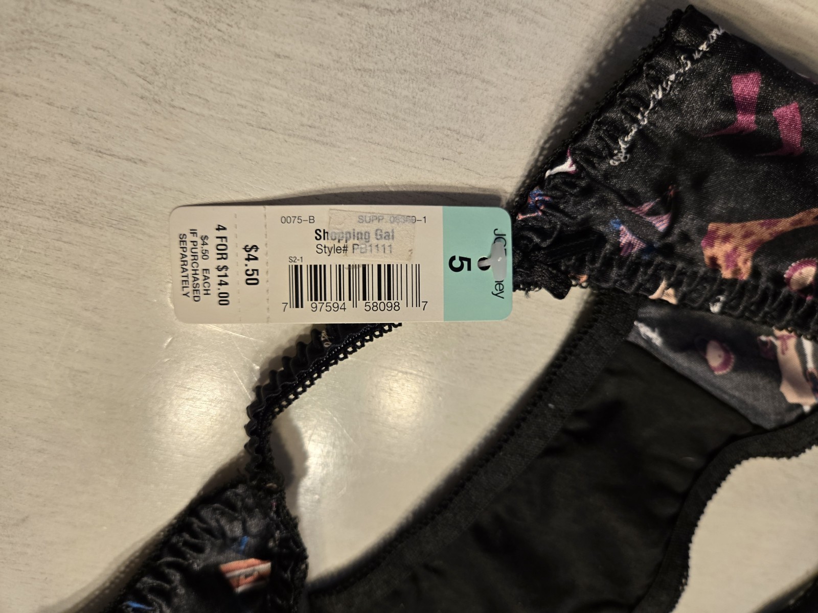 Delicates Satin String Bikini Panty With Cute Print, Size 5 With Original Tags
