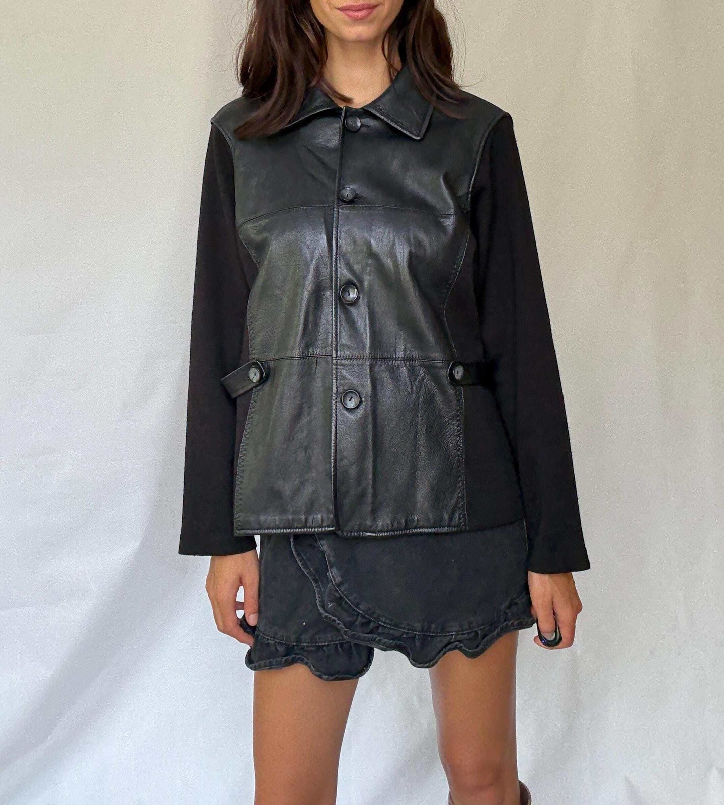Luxury black leather and wool blend jacket, vintage minimalist style