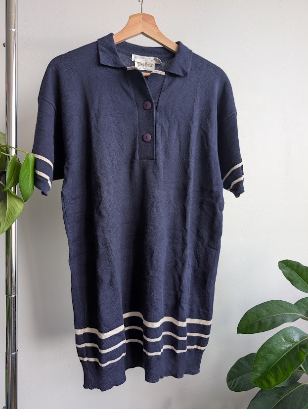 vintage 60s 70s Geoffrey Beene knit dress S navy Made in USA 100% cotton polo