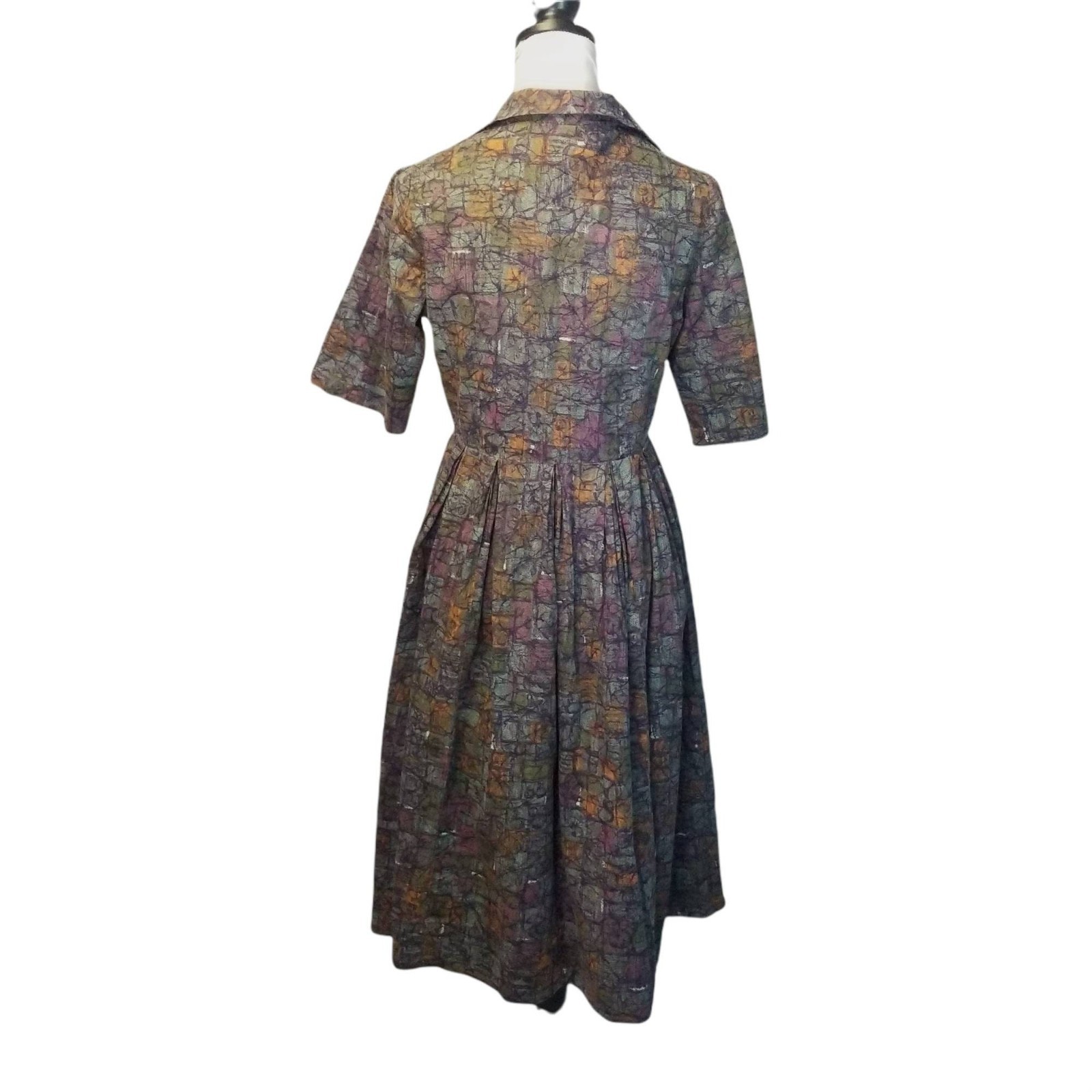 Vintage 1950s Abstract Pollock Print Day Dress, Atomic MCM Midcentury Shirtwaist