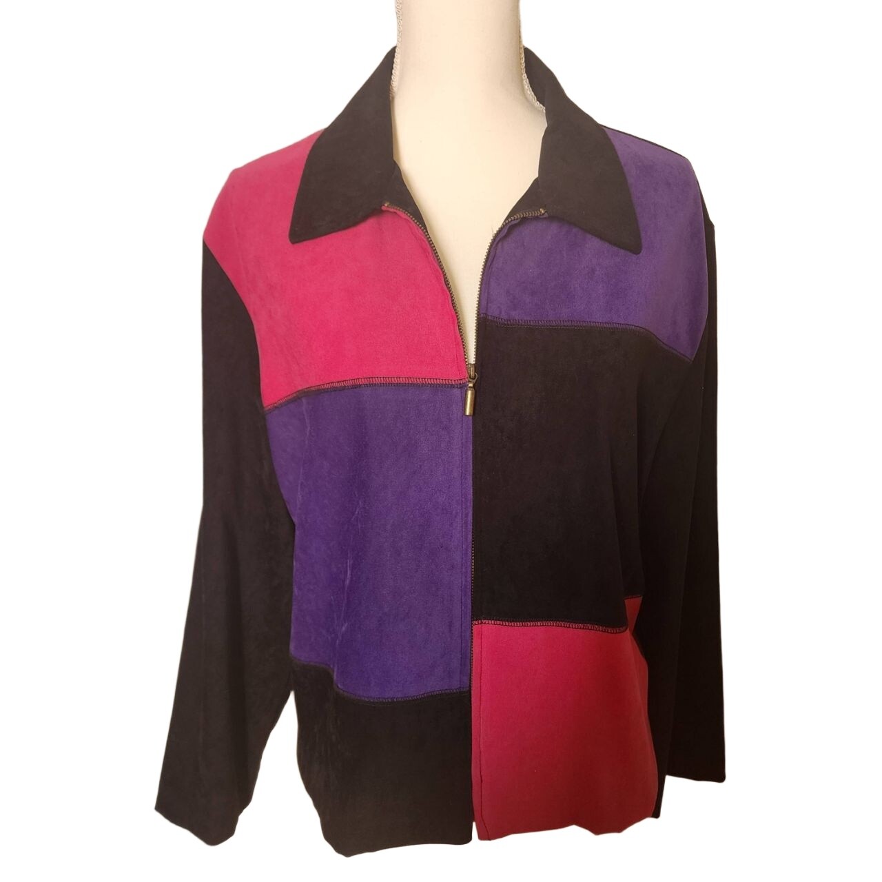 Briggs Vintage Colorblock Zip Up Jacket with Collar Suede/Velvet Soft 16P Y2K