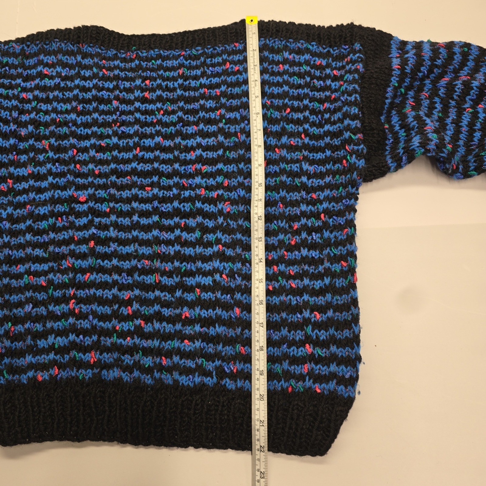 Vintage Hand Knit Striped Pullover Sweater Blue Black Pink Confetti Speckled