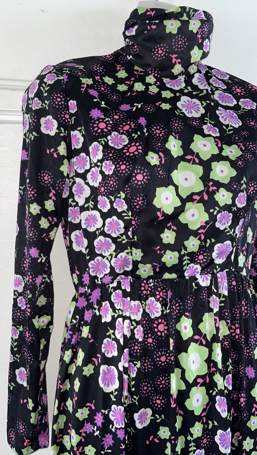 Vintage 1970s ILGWU Union Psychedelic Floral Prairie Maxi Mock Neck Dress 9/10