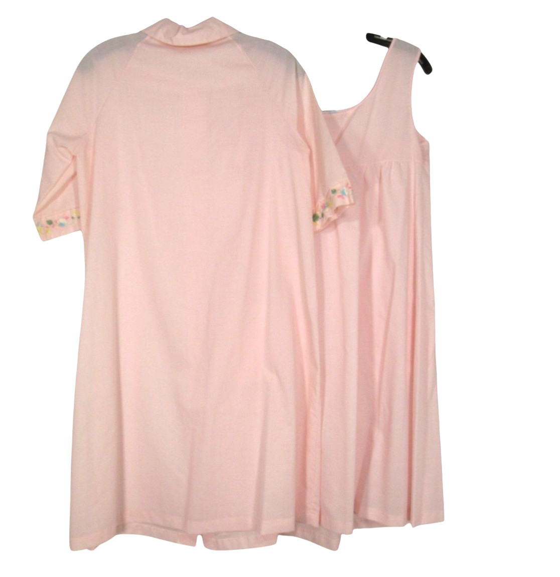 VTG SEARS Pink TWILL Button-Up FLORAL TRIM Lounge ROBE/NIGHTGOWN SET Sz 32/34