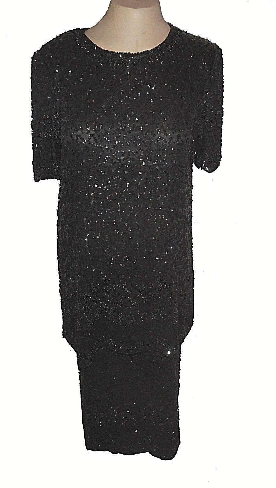 Dress, Swee Lo, Vintage exquisite Evening Beads Sequins Mock-2-PC Mint Silk S