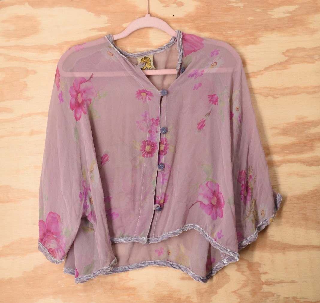Vintage URU Kristine St Rrik Silk Floral Chiffon Velvet Trim RARE! Button Shirt