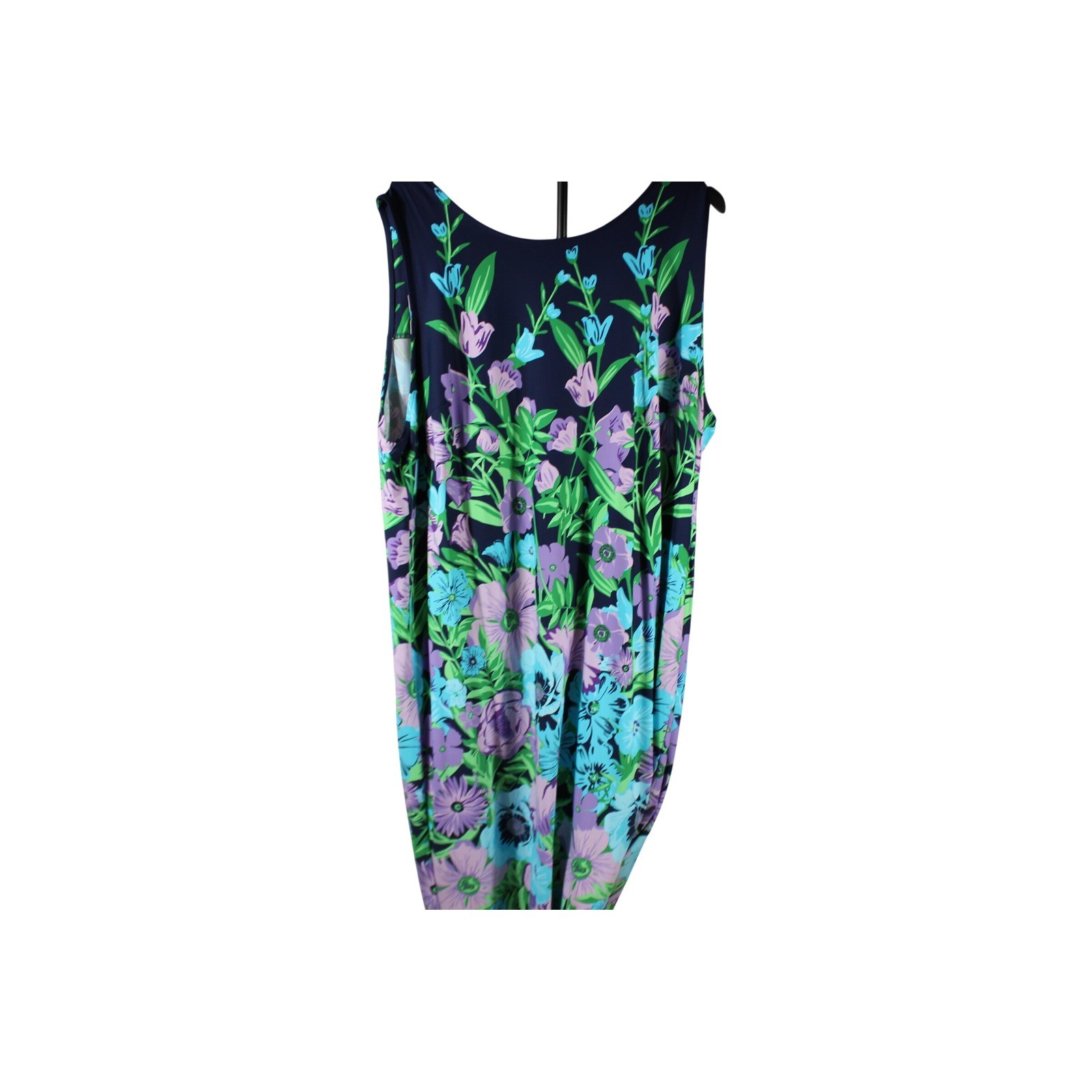 Talbots 3X Floral Slvless Dress Keyhole Back Navy Blue Purple Green Stretch Knit
