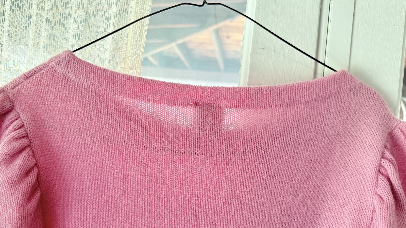 Vintage 80s Garan Pastel Striped Knit Sweater Top Pink Blue Yellow Puff Sleeve L