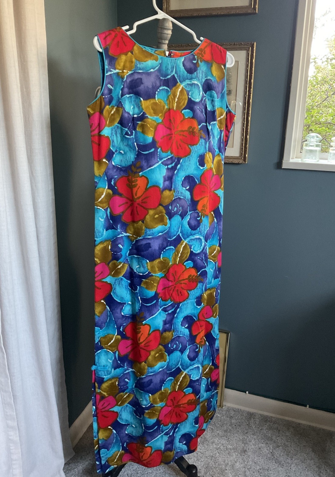 VTG 60s Hawaiian Sheath Dress Maxi Orange White Tropical Floral Sleeveless Small