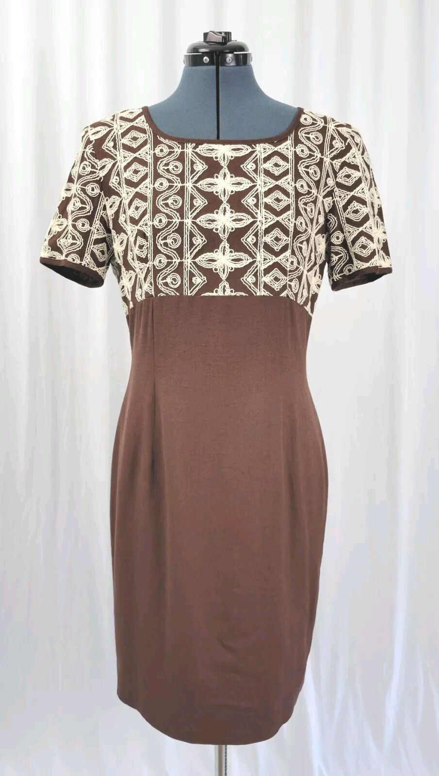 Vintage Yves Cosette Depeche Mode Brown Dress w Cream Embroidery Size 8