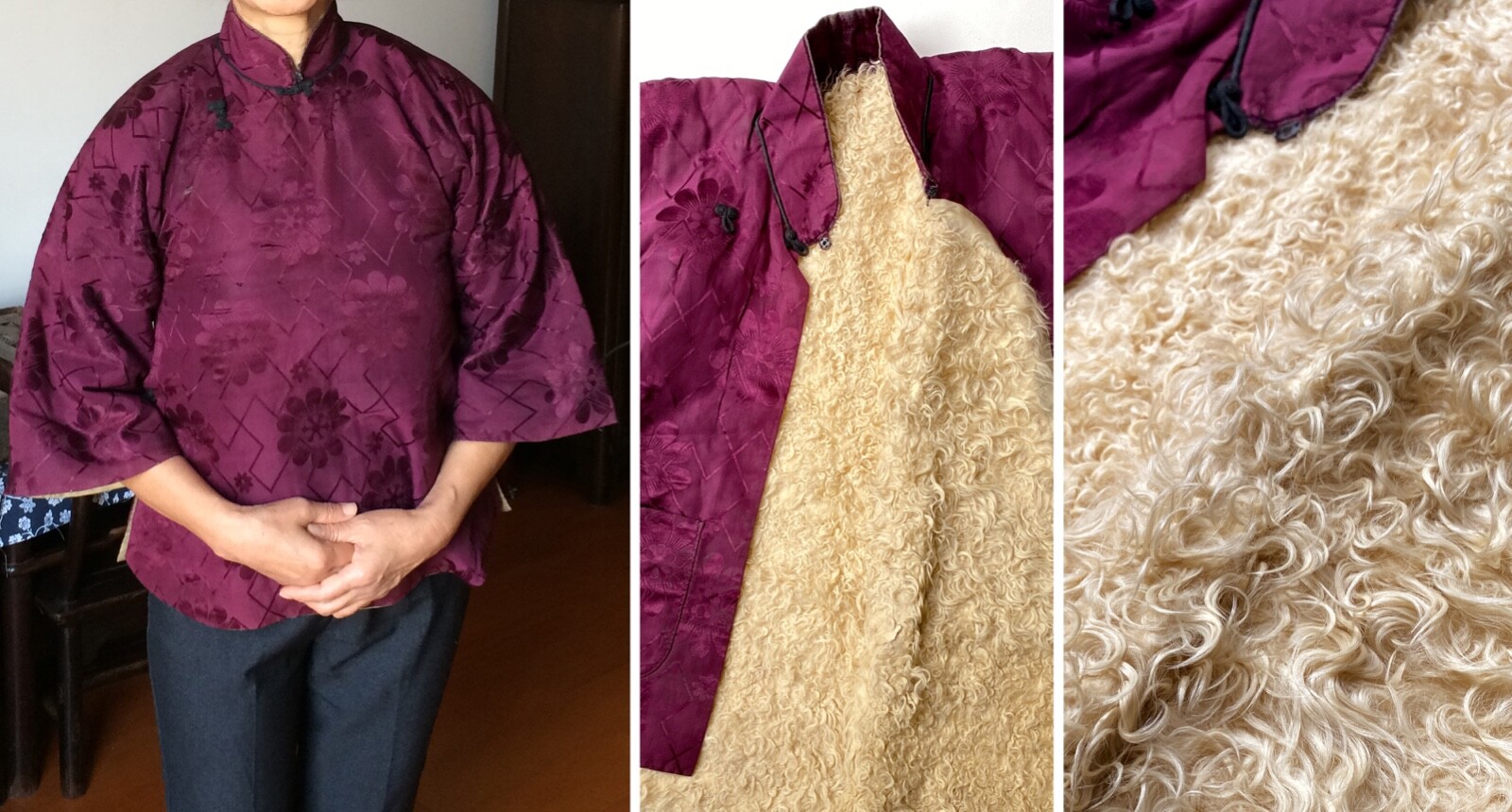 Rare antique Chinese lambskin silk winter jacket 1910s/1920s