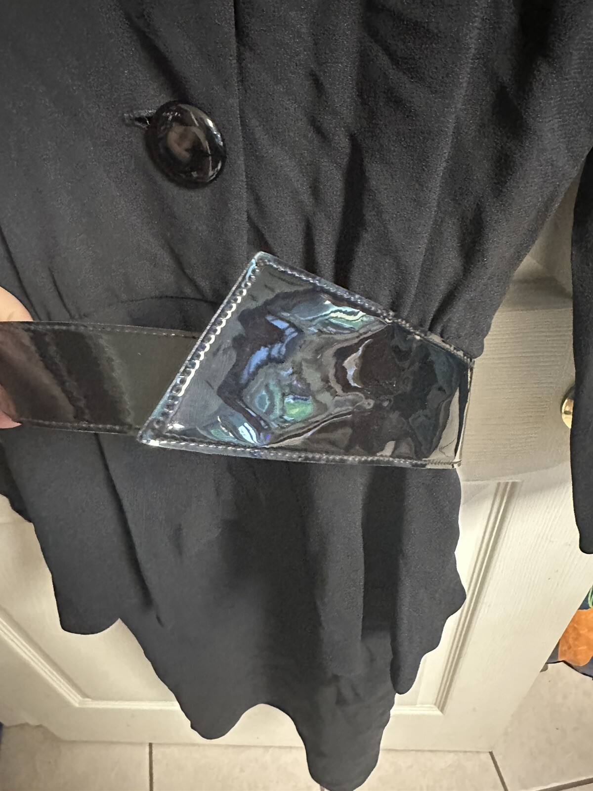 90s ST. GILLIAN Black SILK Blend PEPLUM Dress Belt Small 6 Kay Unger 32 Bust VNT