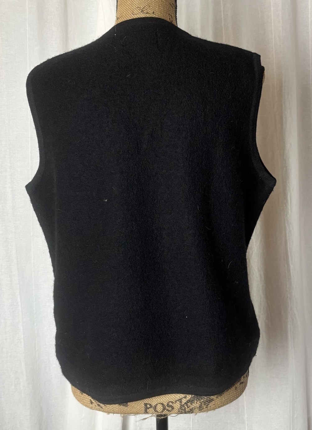 Vintage Sharon Young Boiled Wool Vest Black Red Green Appliqué Folk Christmas L