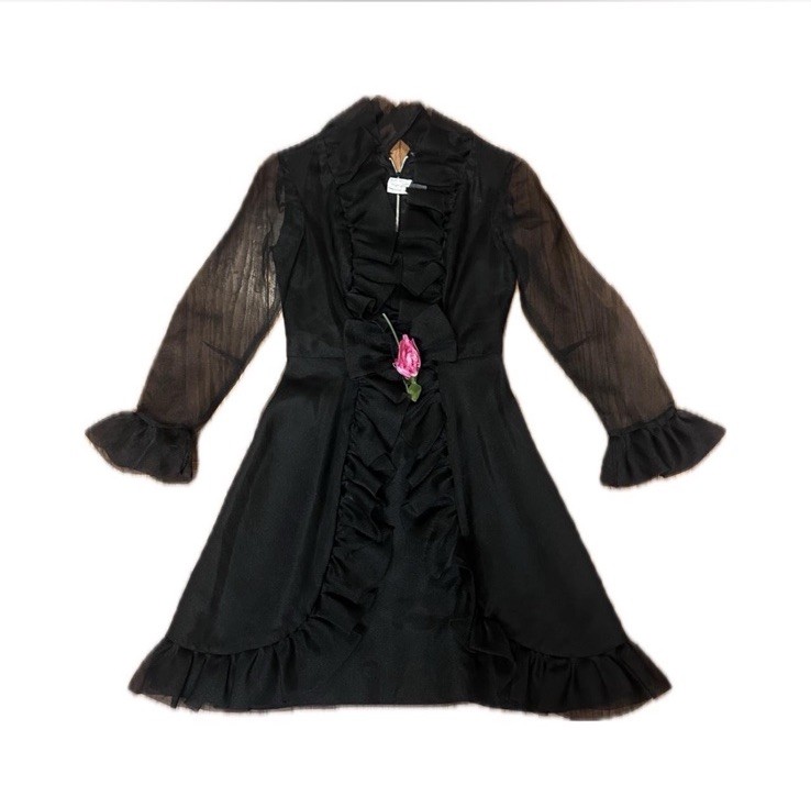 Vintage Black Dress With Ruffles And Sheer Sleeves Comes With Pink Flower