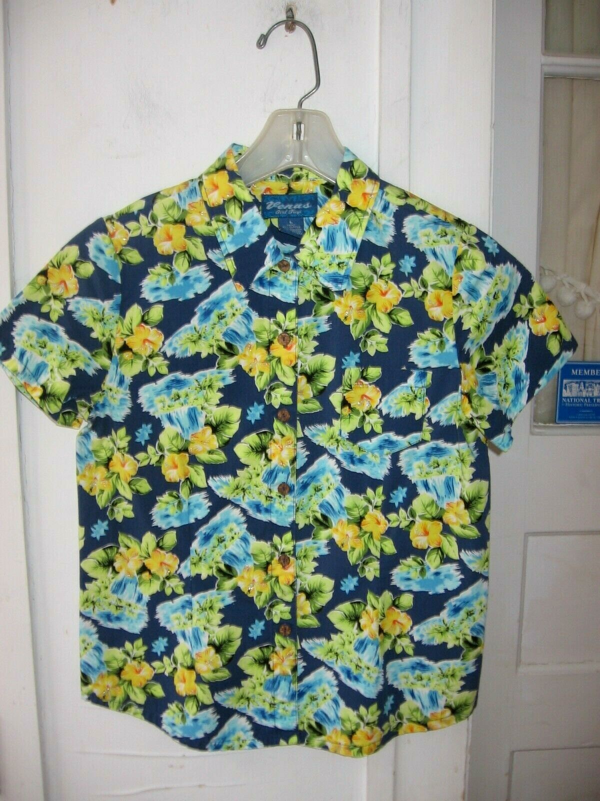 VINTAGE VENUS GIRL TRAP BLUE/YELLOW/GLITTERED FLORAL COTTON SPANDEX BLOUSE-L