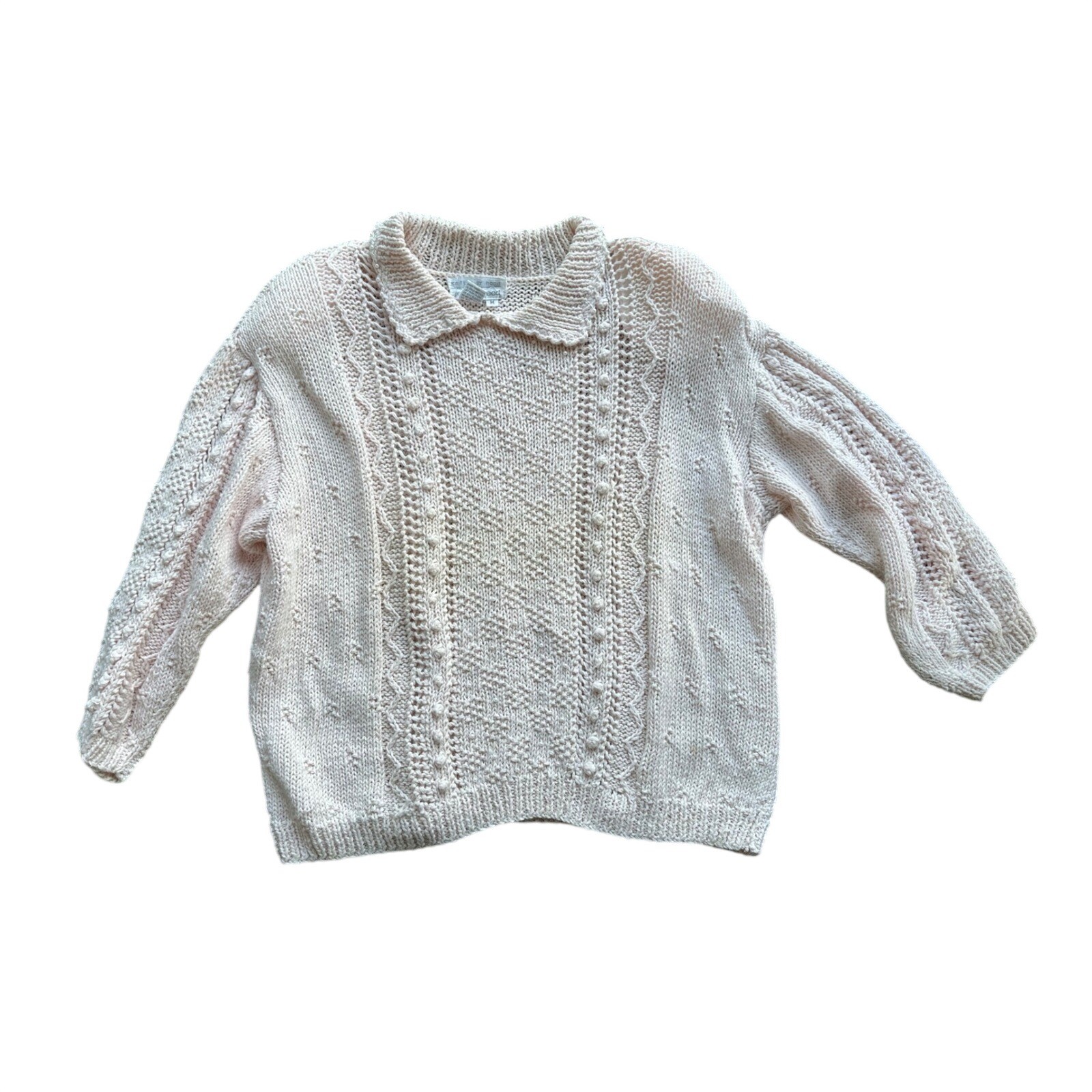 Jennifer Reed Vintage Hand Knit Pink Pearl Collar Ramie Cotton Sweater Medium