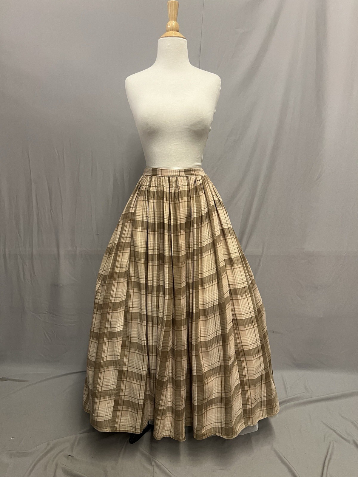 19th Century Skirt Pink, Ivory, Brown Plaid Wool Daytime Skirt