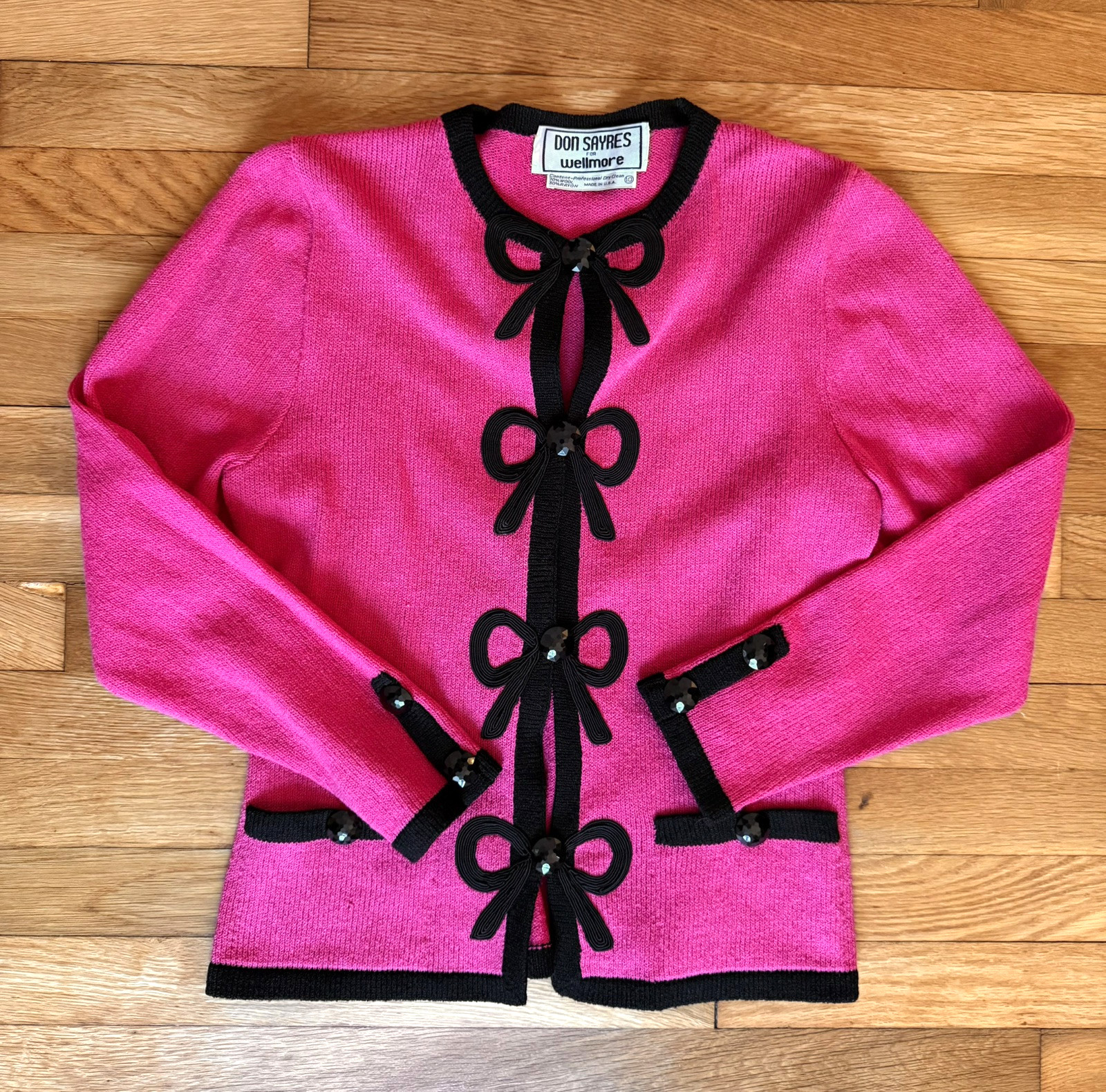 Vintage Don Sayres Bow Cardigan Pink Black Neiman Marcus Sweater Womens 10 READ