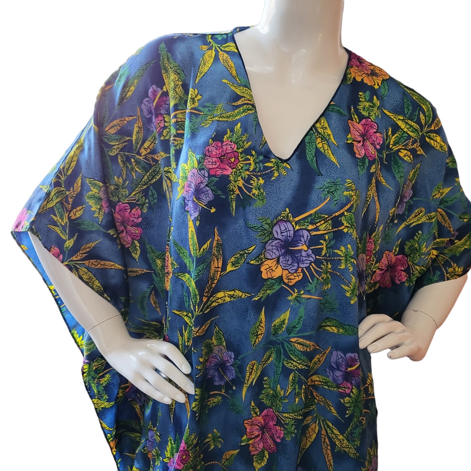 Vintage Winlar Mayoria Hawaiian kaftan house lounge dress mumu Blue Floral M-XXL