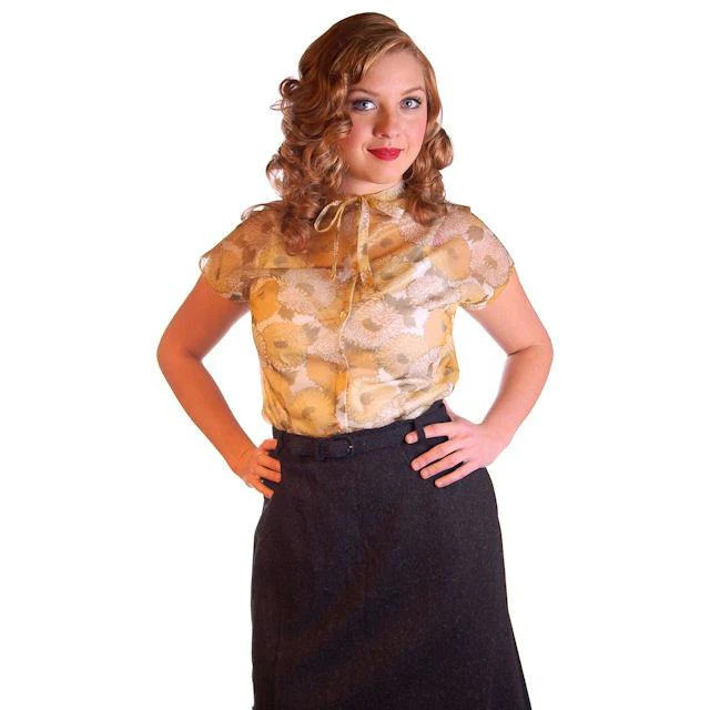 VTG 1950s Sheer Nylon Blouse Gold Floral Print Secretary Pinup Size 34 Bust 38