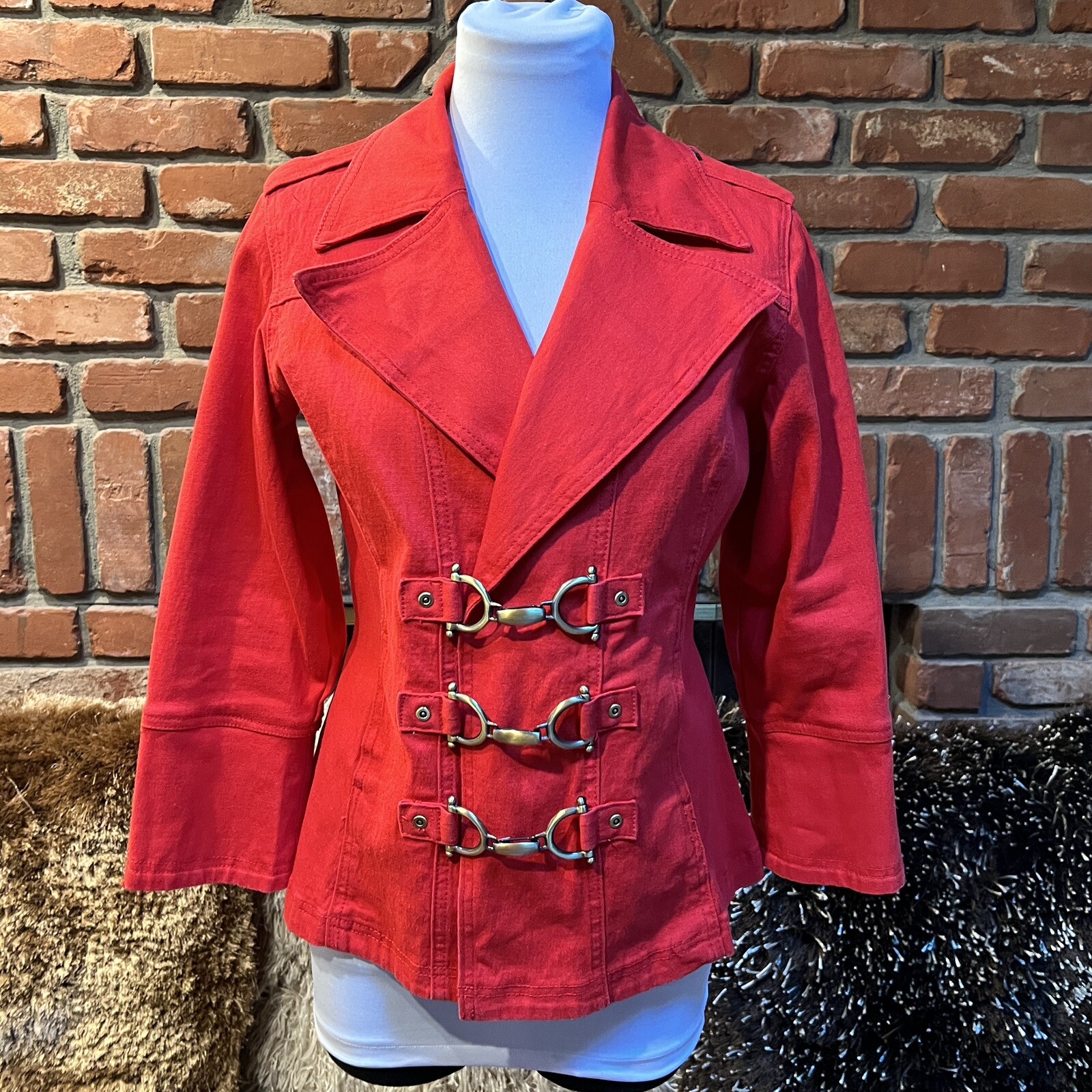 DIANE GILMAN DG2 Red / Brass Hardware Accent Stretch Denim Blazer Jacket XS S M