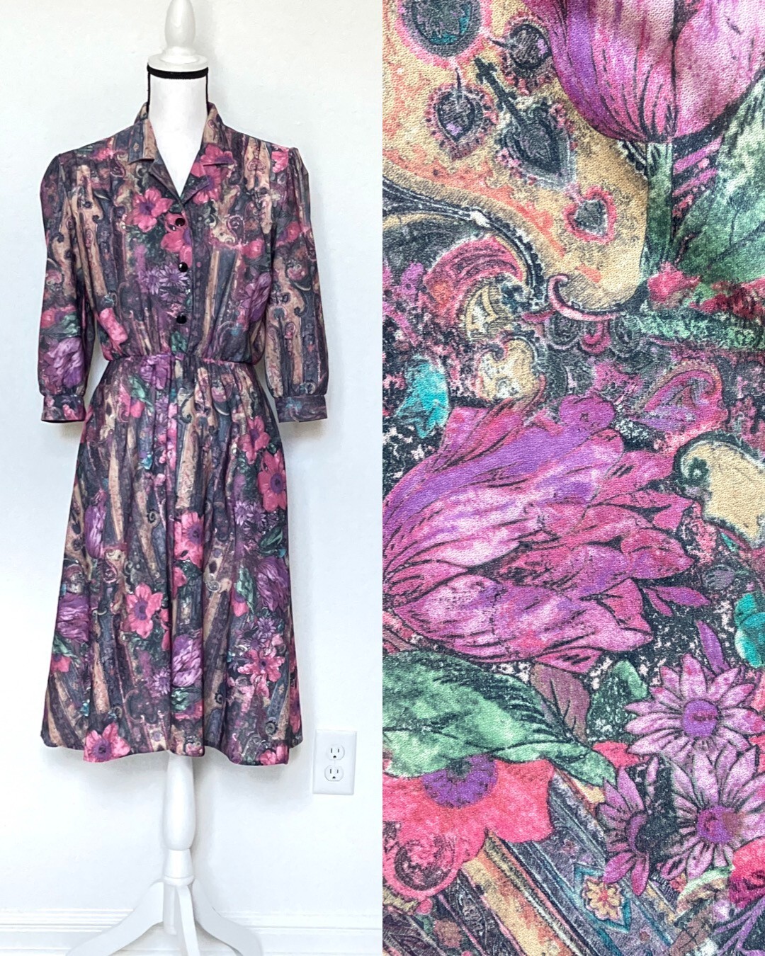 1970s Abstract Floral Dress, 1980s Multicolored Collared Dress
