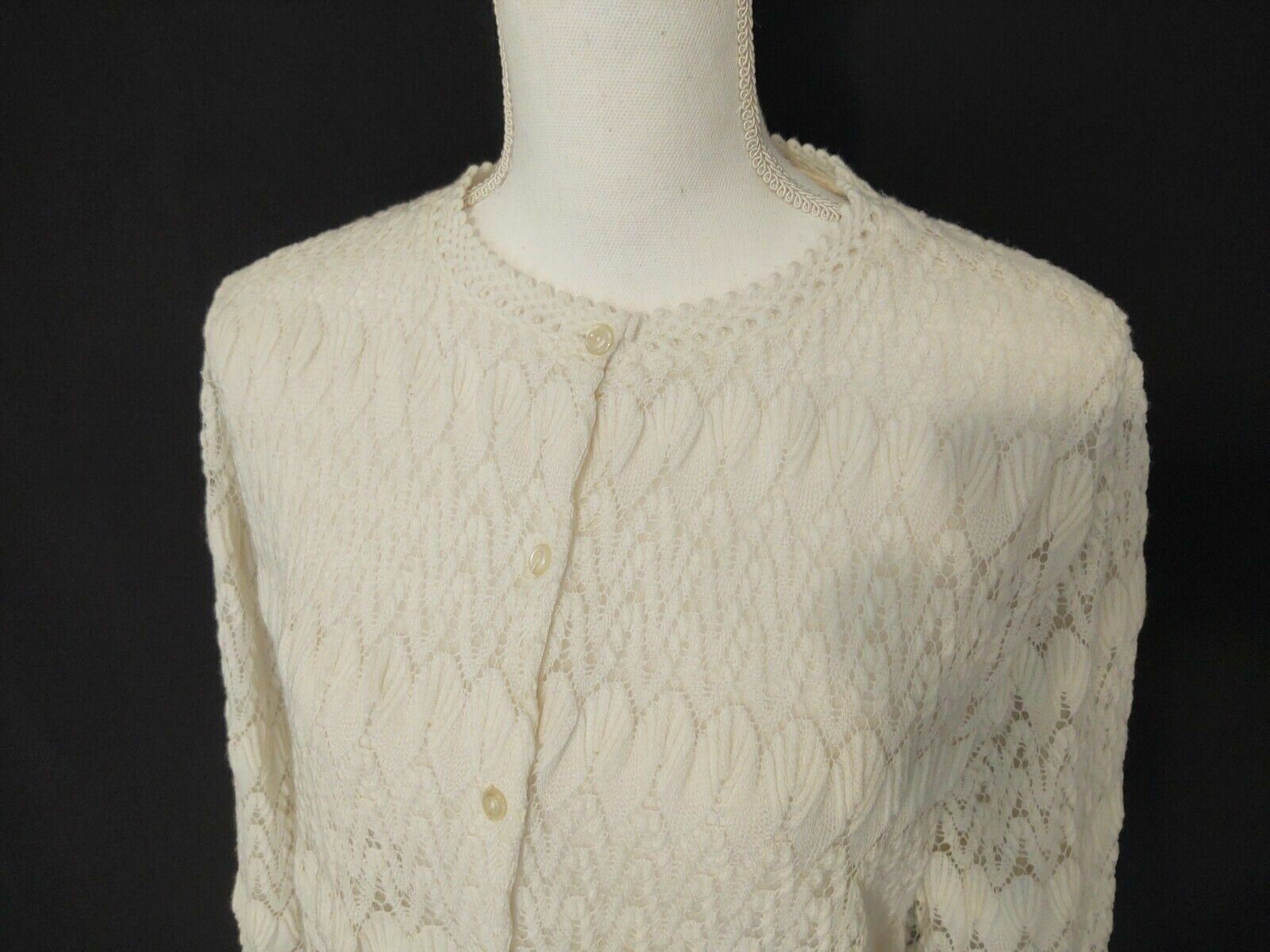 60’s Sweater English Village Rockabilly Sweet Open Eyelet Knit White Women’s L