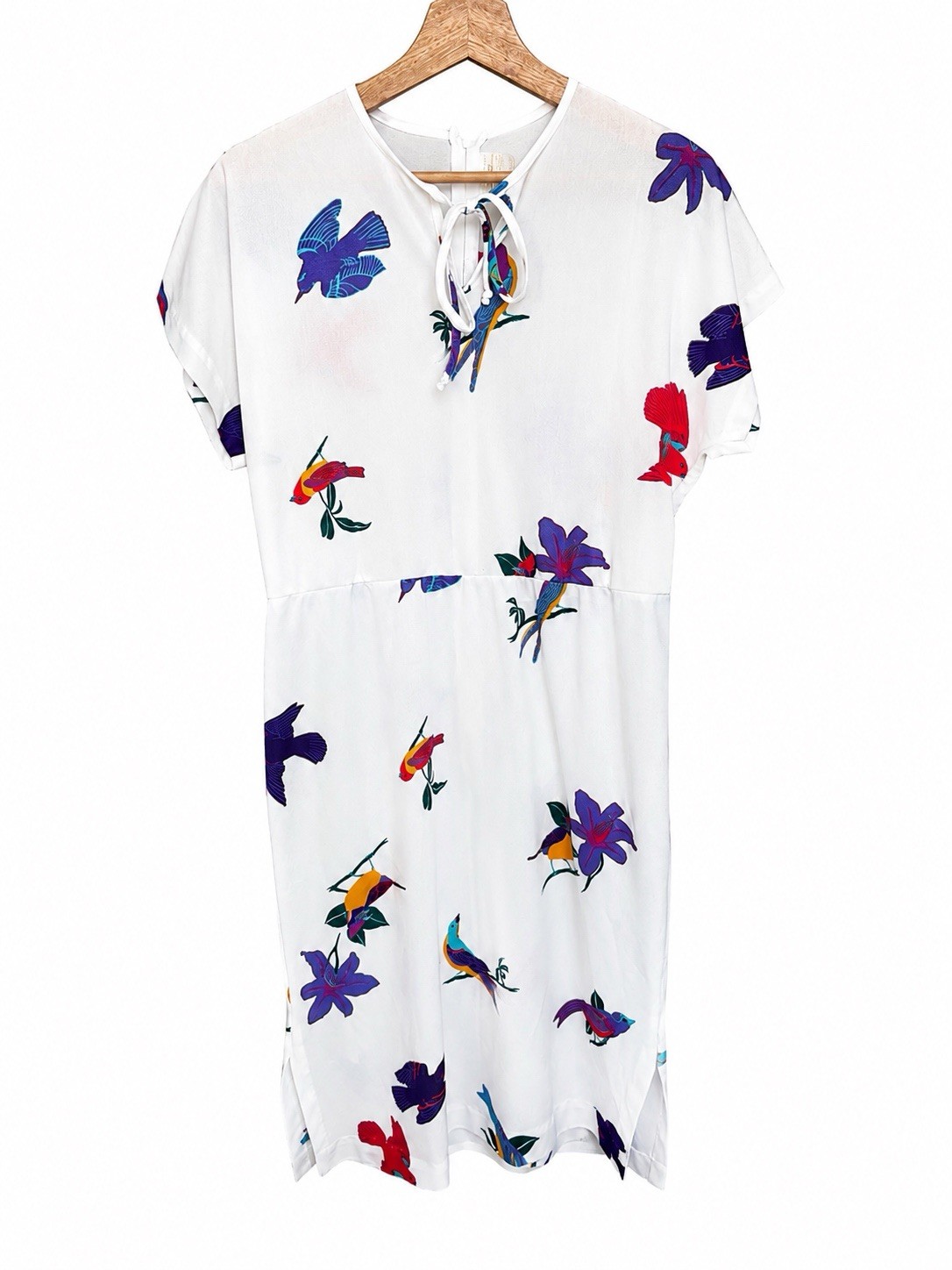 Vintage Le Voy’s Bird Print Dress M Made USA White Tropical Birds Midi