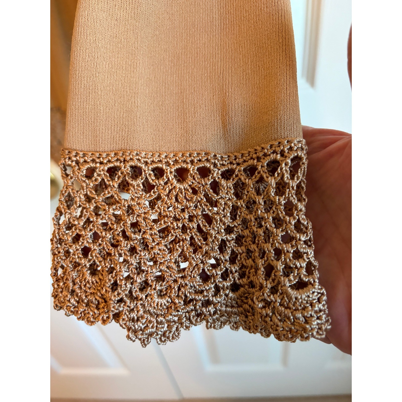 Vintage Joseph A. Tan Crochet Lace Trim Cardigan Open Front 90s Knit Tan Medium