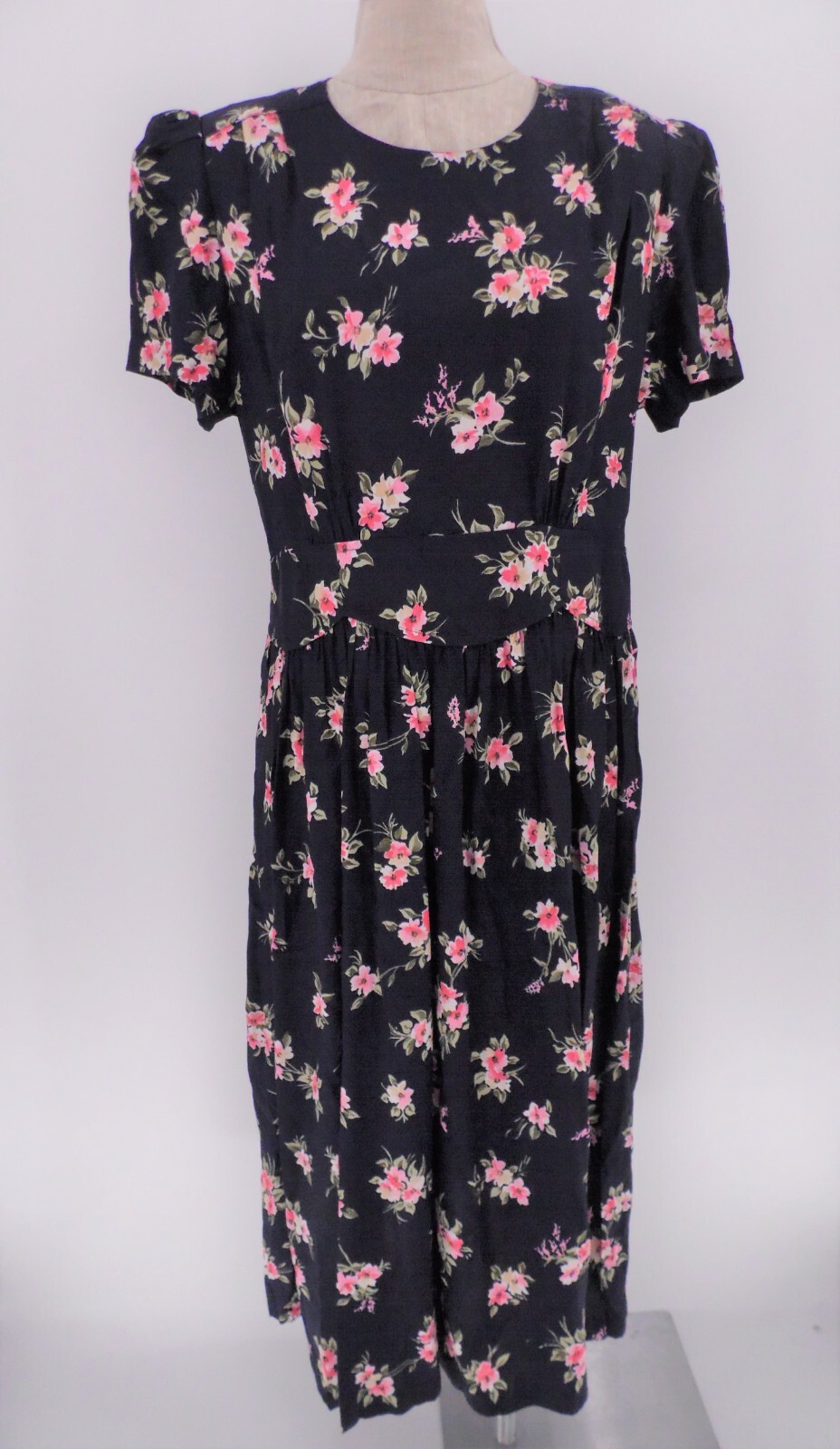 Worthington 14p Navy Blue Floral 100% Rayon Puff Sleeve Dress Shoulder Pads