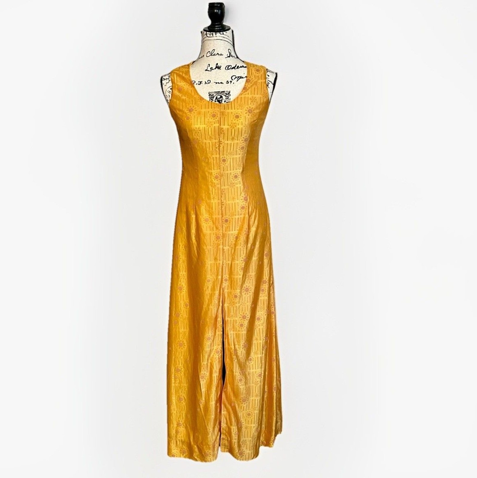 Vintage 60s 70s Mustard Yellow Maxi Dress Floral MCM