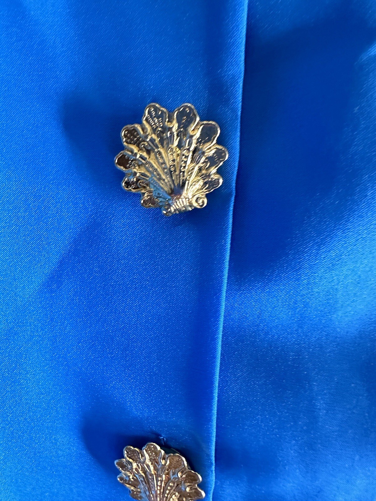 VTG Lucky Winner Women’s Blue Long Sleeve Gold Shell Button Up BLOUSE 12 USA