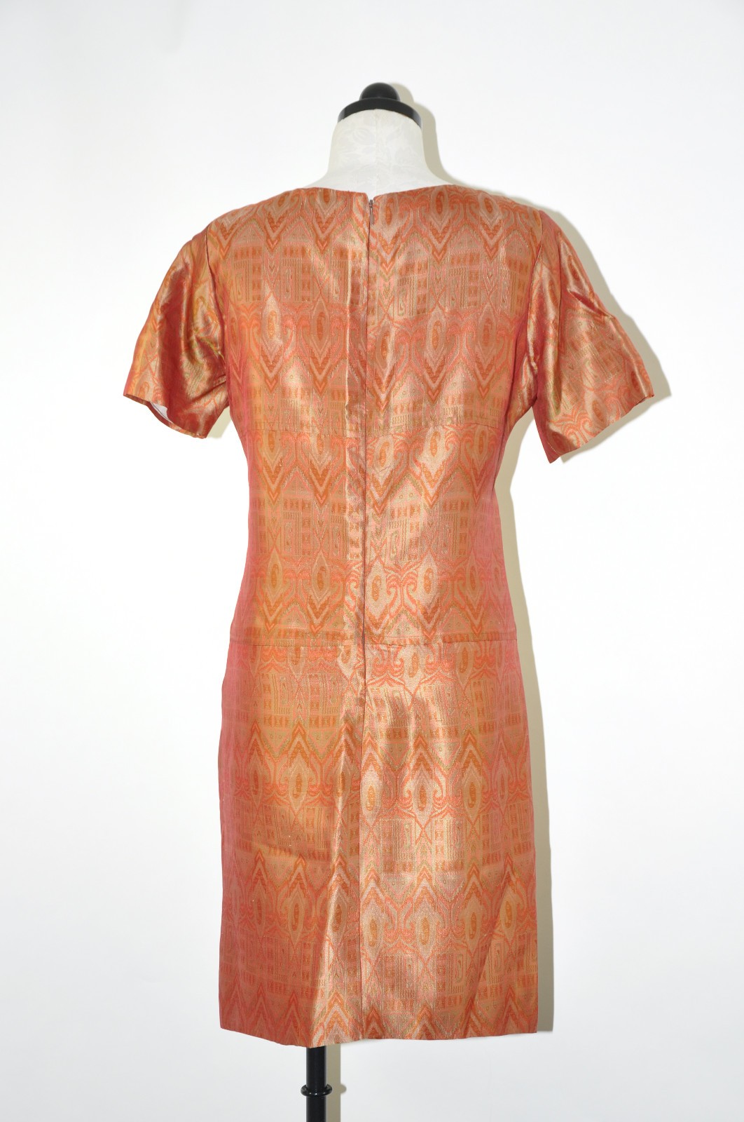 60s Vintage Copper Rust Brown Silk Ikat Short Sleeve Wiggle Dress Women S M