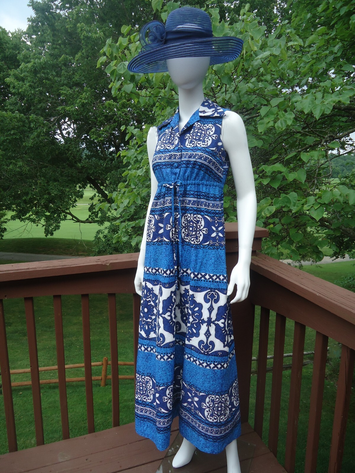 Penneys Hawaii VTG Small Barkcloth Maxi Dress Blue Tropical Sleeveless Collared