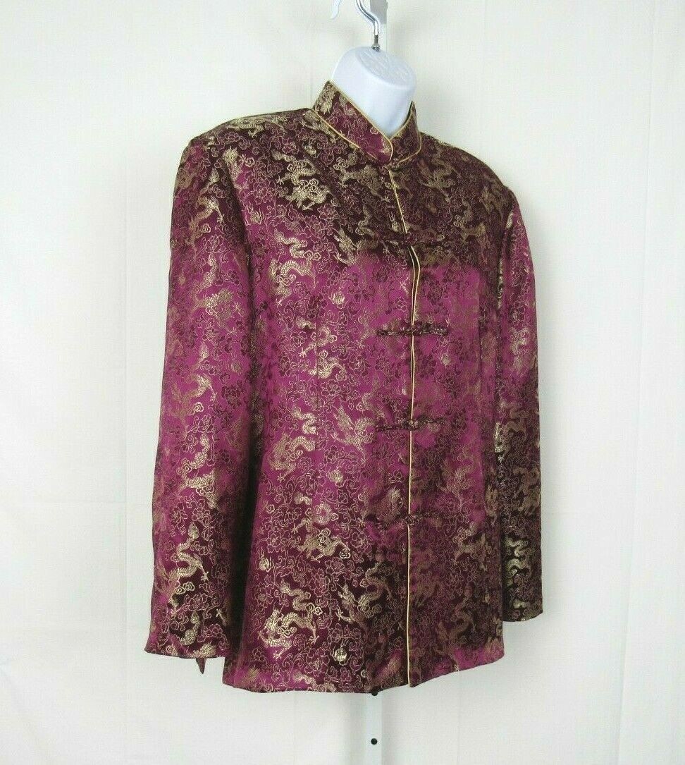 VTG 1950s 60s KIMONO STYLE JACKET BOYSENBERRY GOLD EMBROIDERY FROG BUTTONS