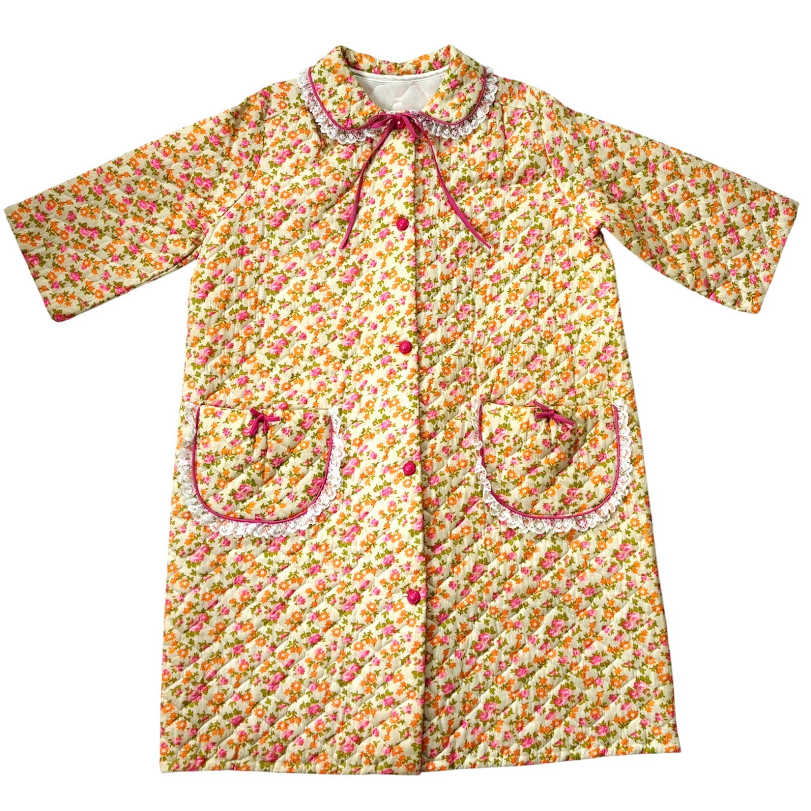 Vintage Quilted House Coat Bed Jacket Retro Floral Lace Roses Cottage Core Robe