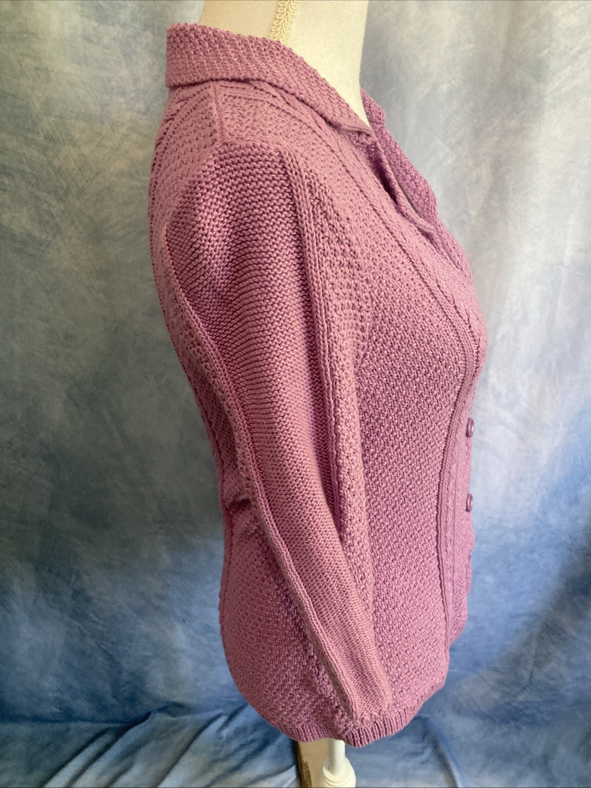 Vtg Y2K Heather B Purple Knit Cardigan Top S Cotton 3/4 Sleeve Collared Coquette