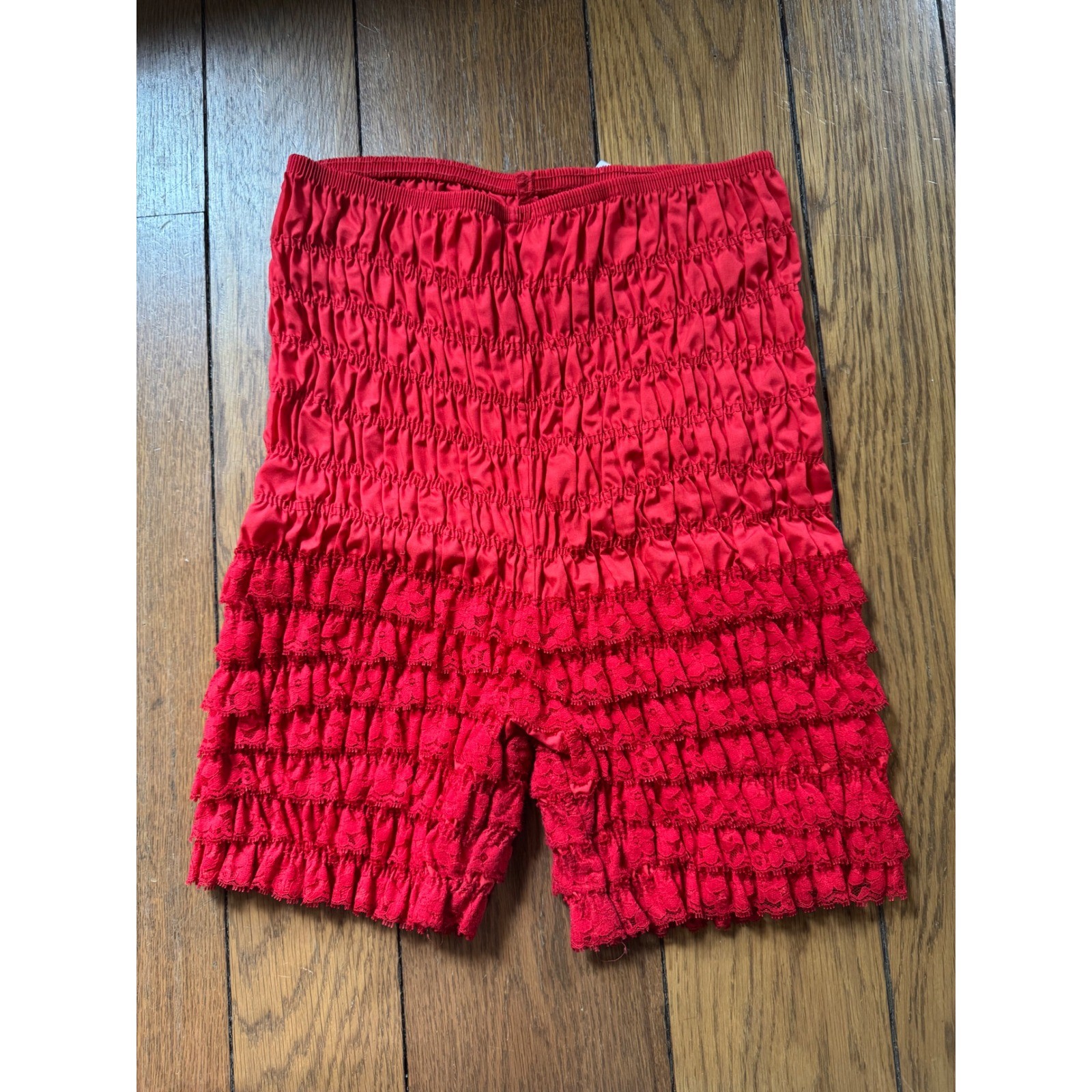 Vintage 80s Bloomers Malco Modes Red Smocked Ruffle Lace Coquette Made in USA