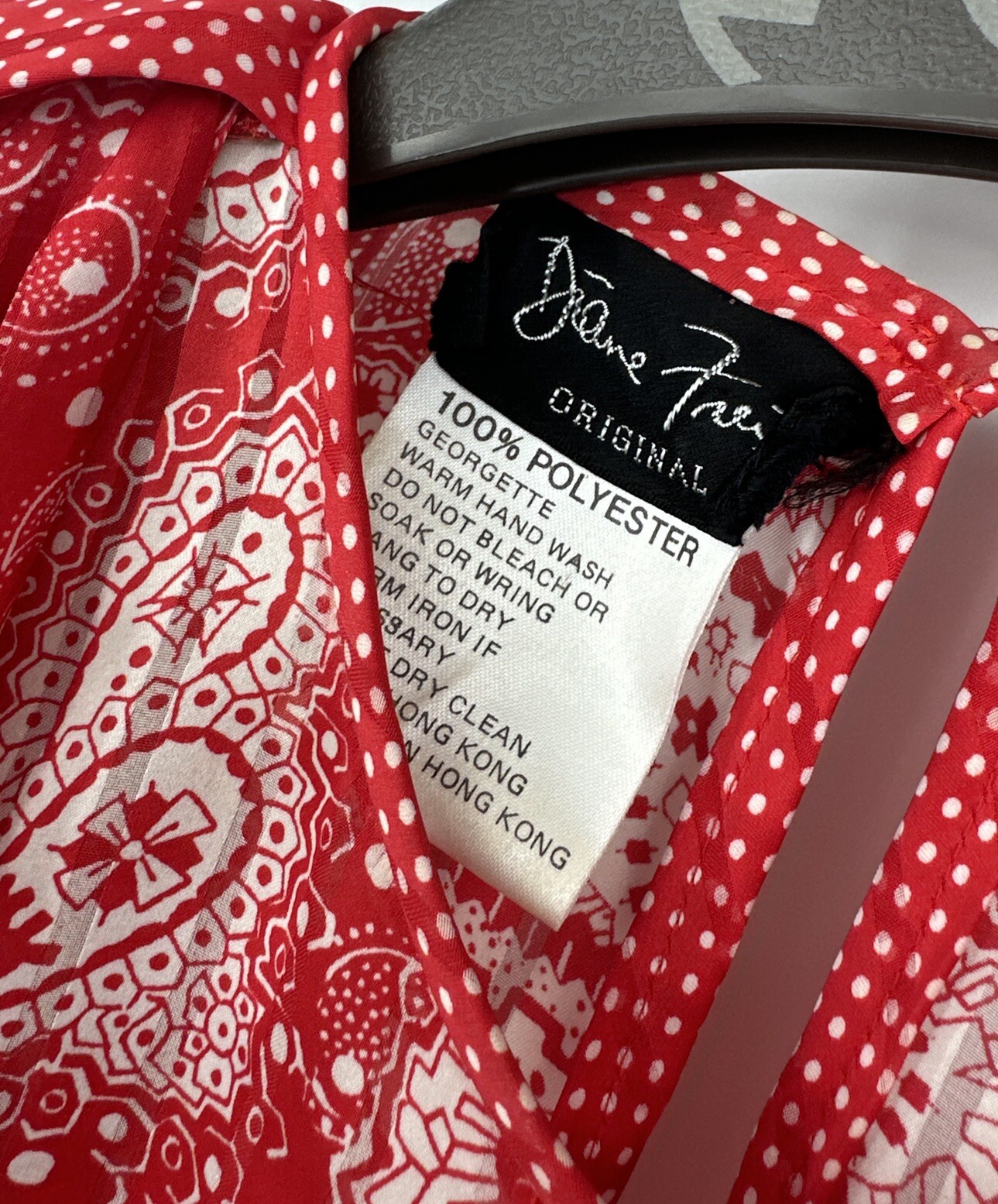 Diane Freis Georgette Red Paisley Polka Dot Dress With Shoulder Drape Cascade
