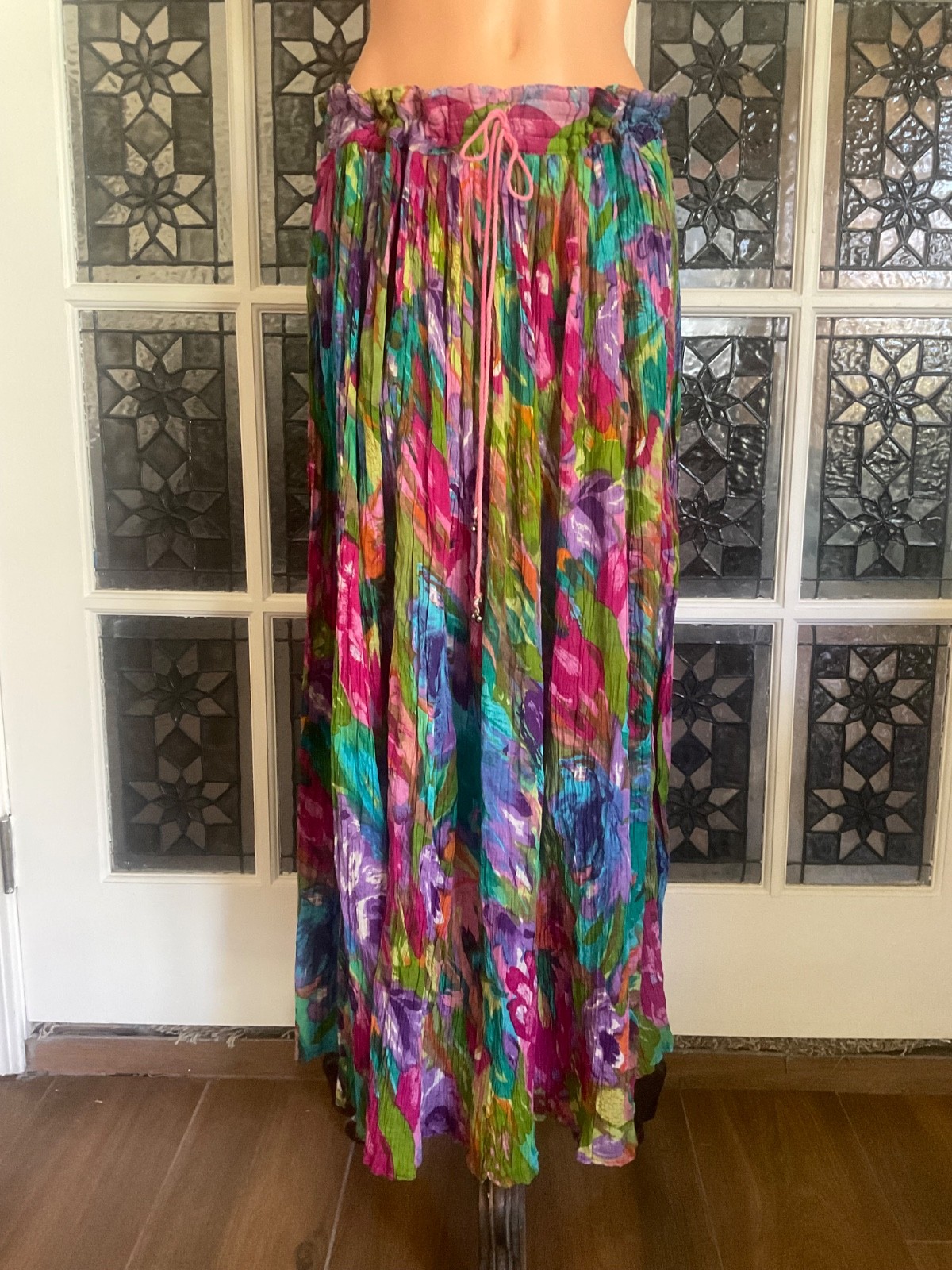 VTG Maxi Skirt Cotton Gauze Thin Drawstring Waist Semi-sheer Fairy Boho