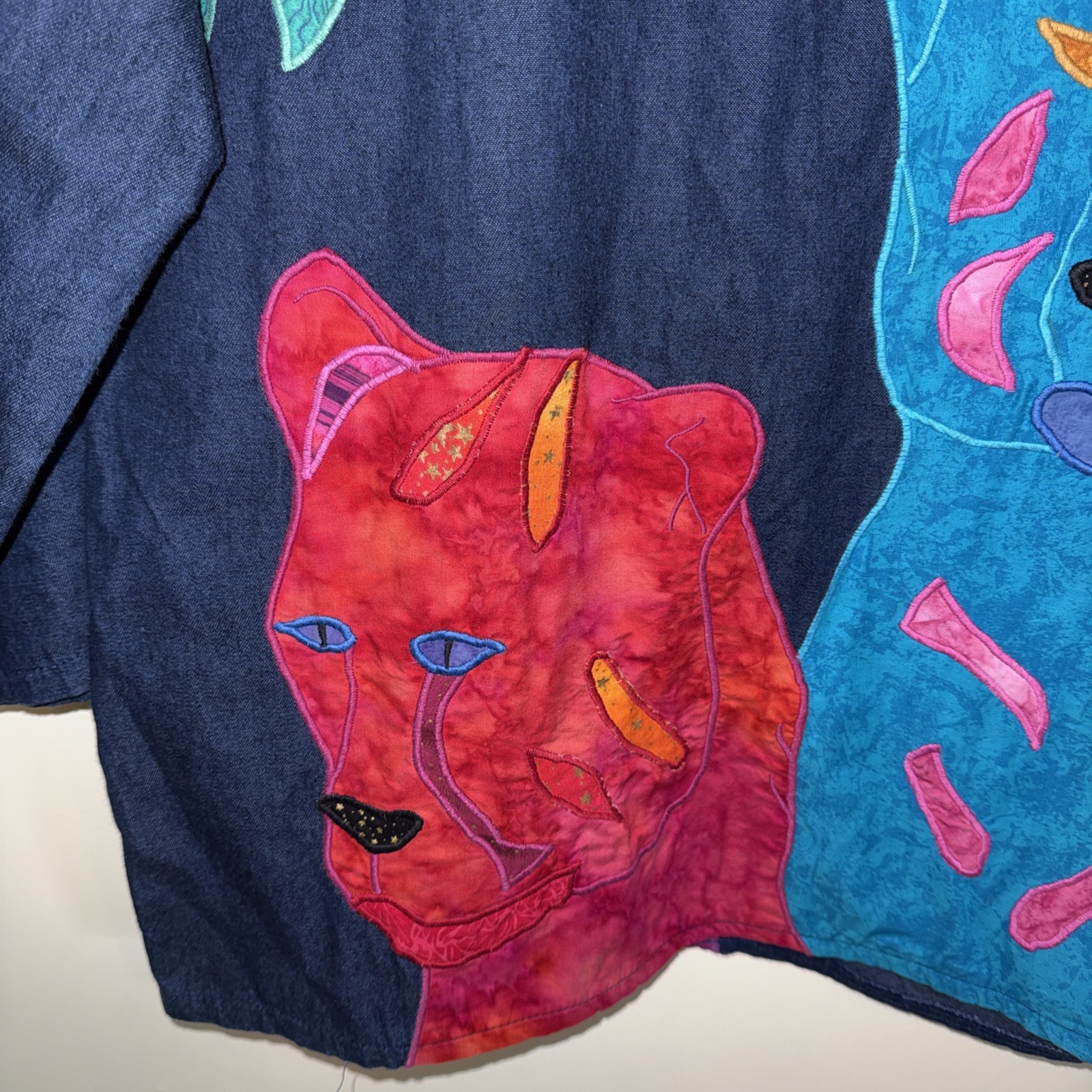 Alfredo’s Wife Vintage Denim Tunic Shirt Sz Small Colorful Leopards Folk Art