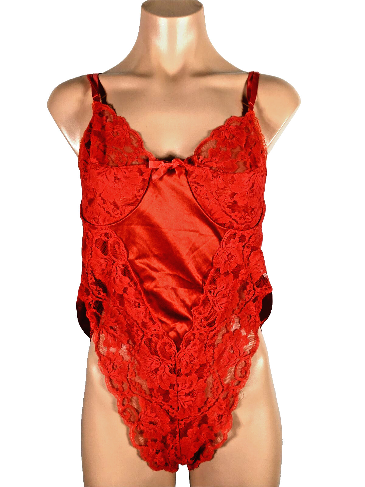 VTG Red Lace Teddi High Cut Snap Teddy Romper Bodysuit Lingerie 90s L USA MADE
