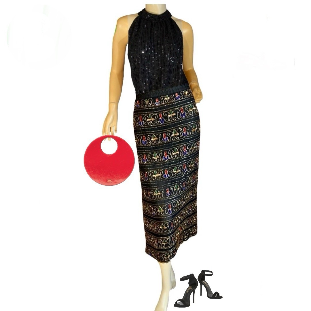 VINTAGE CIRCA 1990’S CARINA BY BALLY LEE SEQUIN PRINT SILK SKIRT SZ 2X