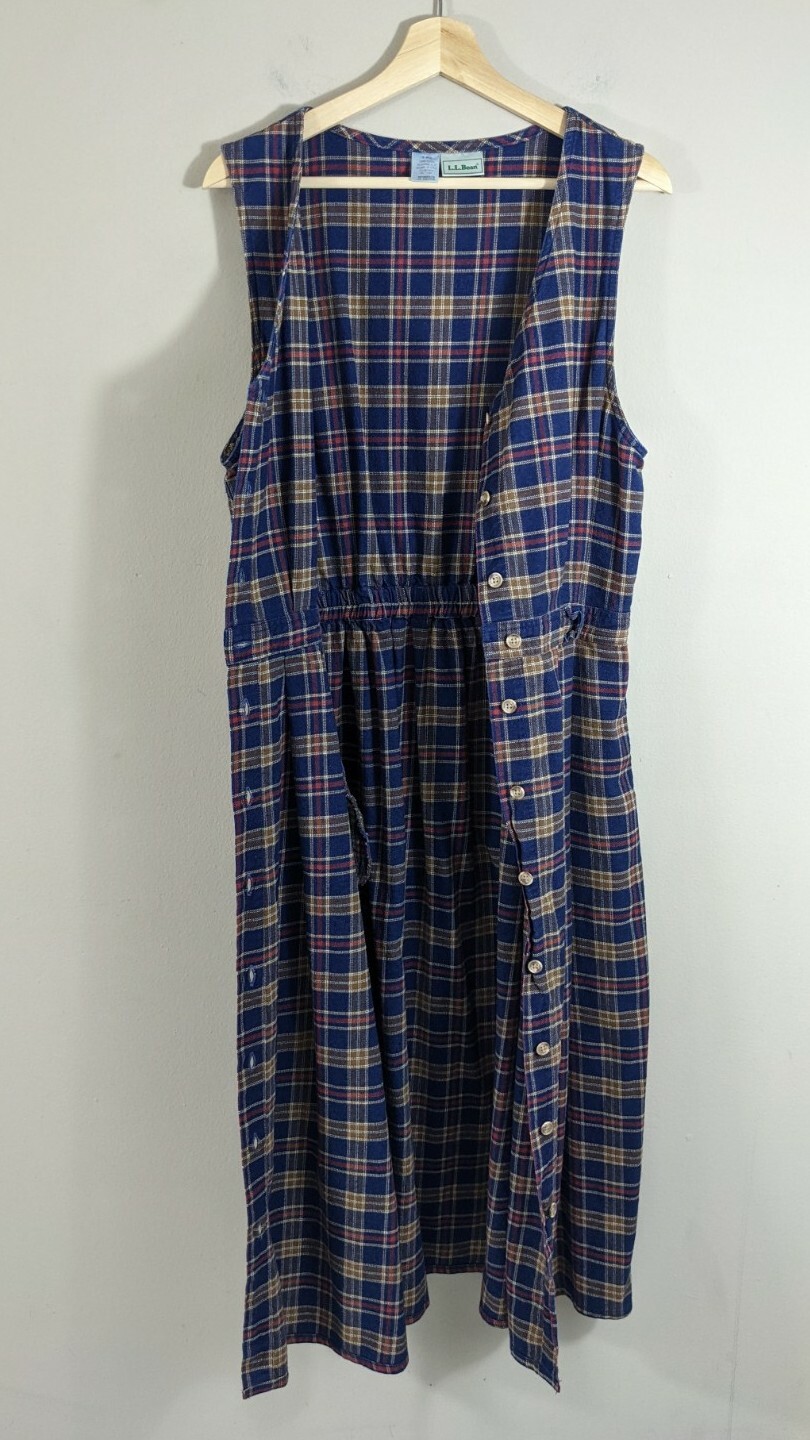 Vintage L.L. Bean Blue plaid Cotton Flannel Dress size M/L 1990’s 90s pockets