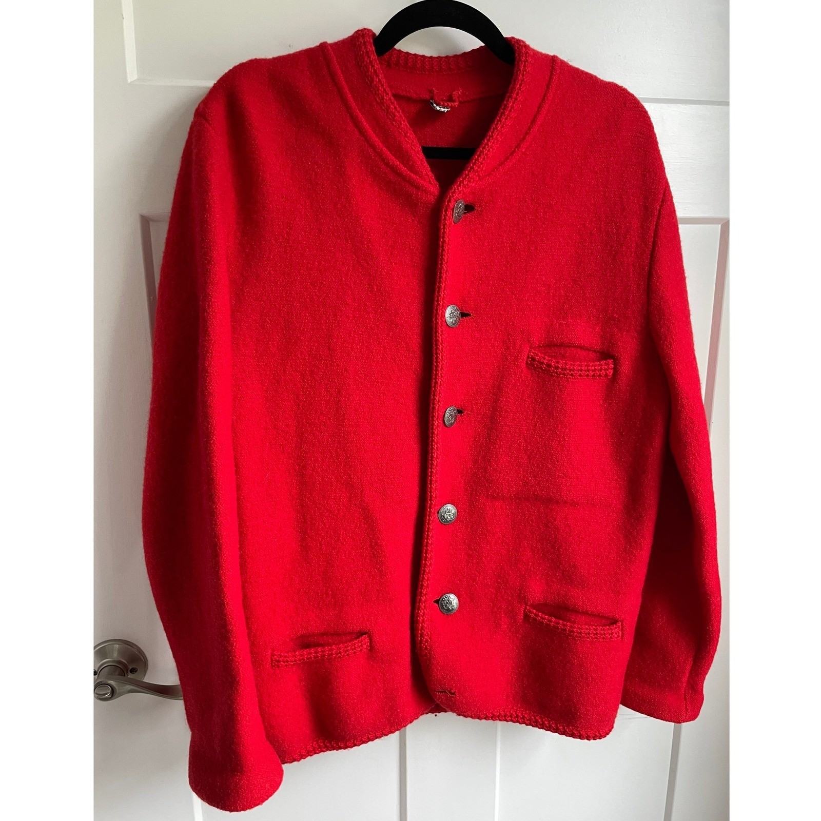 VTG Boiled Wool Jacket Bomber Cherry Red Bavarian Trachten St George Button L