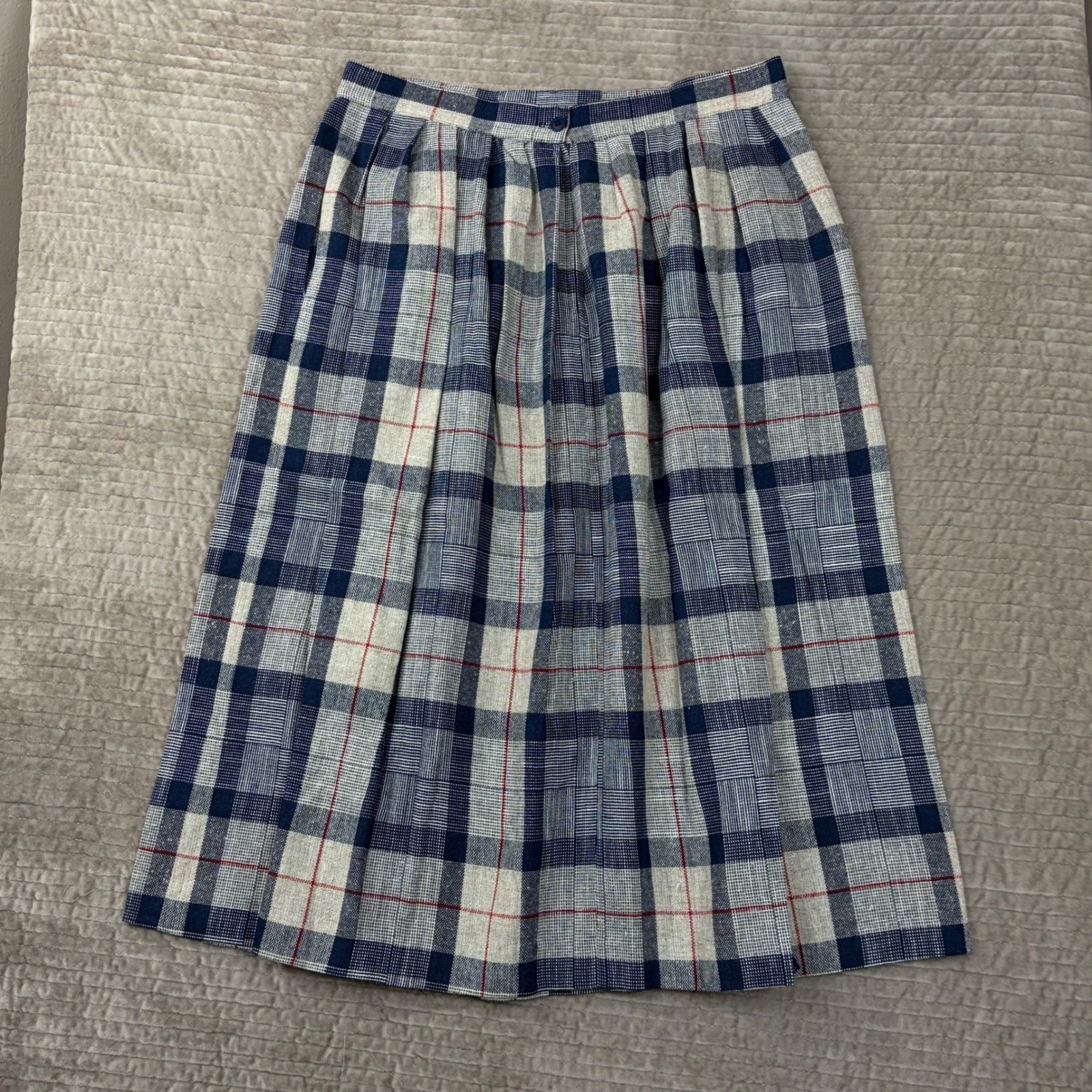 Vintage Wyndham Collection Plaid Midi Skirt Navy Cream Red ILGWU Made in USA 16