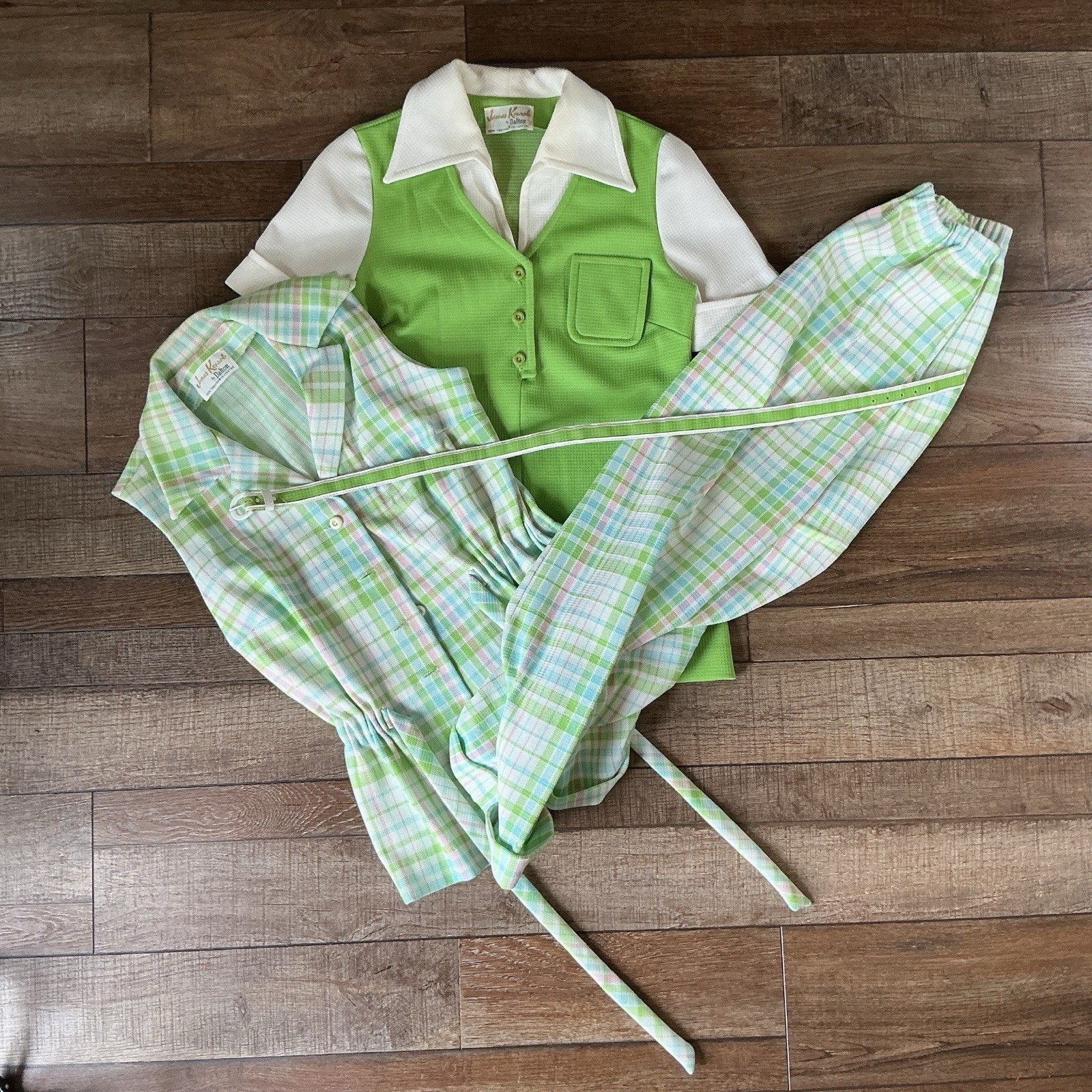 70s VINTAGE James Kenrob Dalton Lime Plaid 3-Pc Top Vest Pants Set Size S #28D8