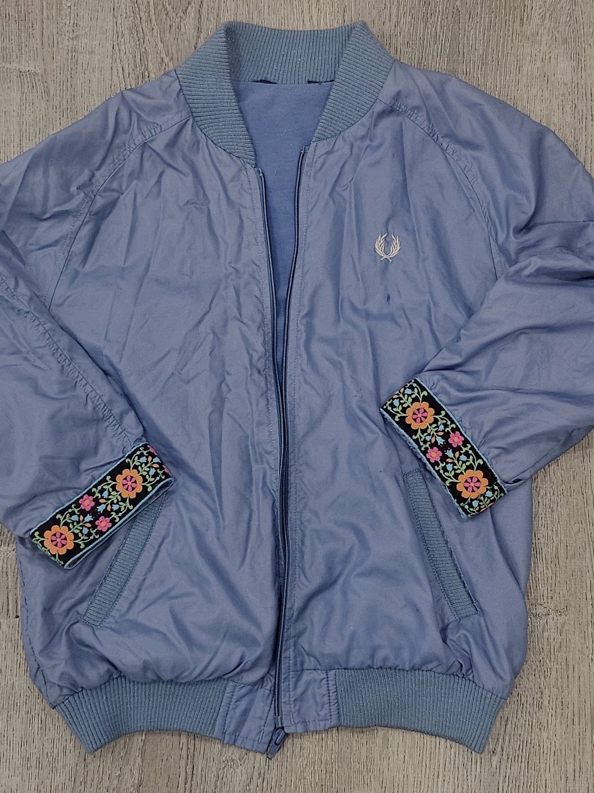 Fred Perry Bomber Jacket Baby Blue Upcycled Embroidered Sleeves M